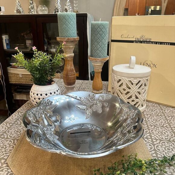 Lenox Orchard in Bloom 15 Inch Metal Salad Serving Bowl scalloped edge NEW‎ - Picture 1 of 10